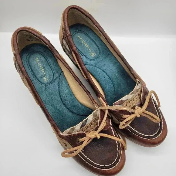 Sperry Top-Sider Wedge Heels Blue Plaid "Goldfish" Size 7.5 M Brown Leather - Picture 3 of 11